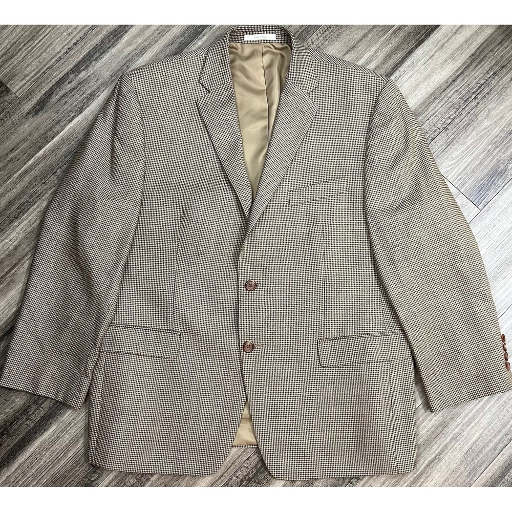 Lauren‎ Ralph Lauren Blazer Mens 44S Tan Silk Wool Houndstooth Sport Coat